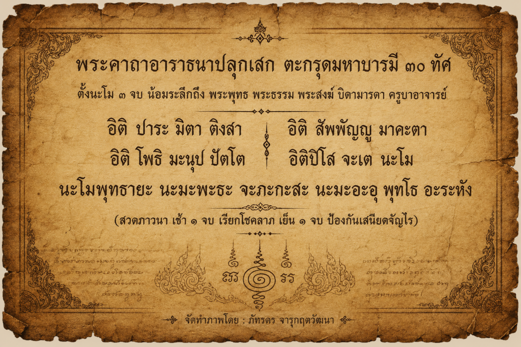 พระคาถาอาราธนาปลุกเสก ตะกรุดมหาบารมี 30 ทัศ